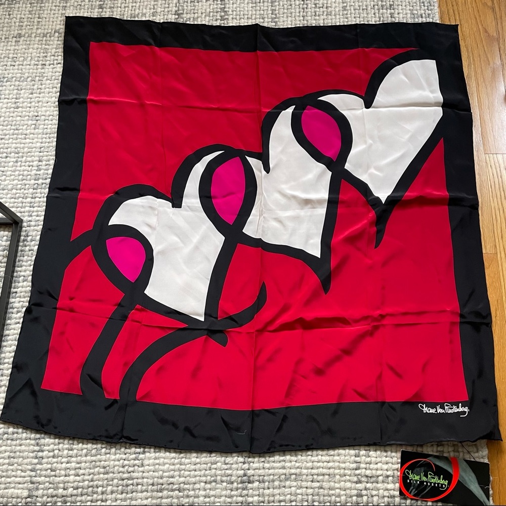 Diane Von Furstenberg Red and Black Heart Silk Scarf